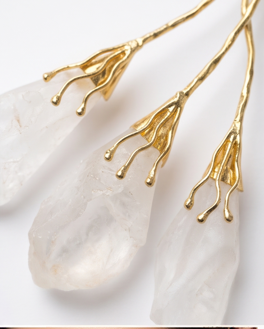 Parure torque doré et boucles d’oreilles en quartz blanc en forme de gouttes - Beeld 6 - Uniek handgemaakt sieraad
