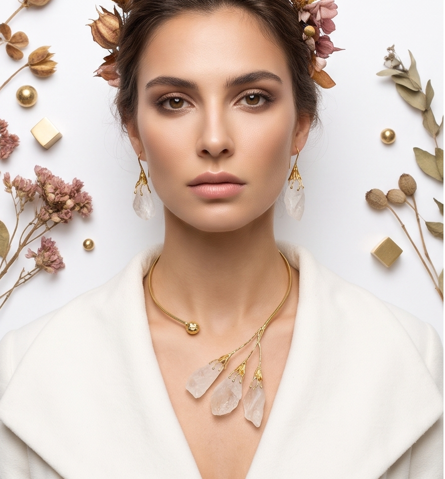 Parure torque doré et boucles d’oreilles en quartz blanc en forme de gouttes - Beeld 1 - Uniek handgemaakt sieraad