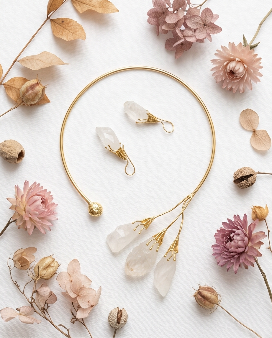 Parure torque doré et boucles d’oreilles en quartz blanc en forme de gouttes - Beeld 3 - Uniek handgemaakt sieraad