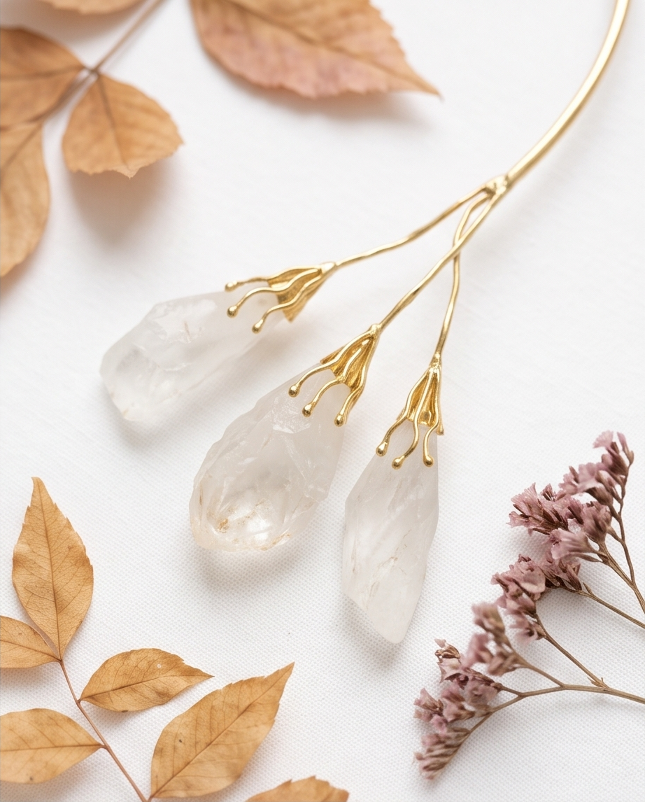 Parure torque doré et boucles d’oreilles en quartz blanc en forme de gouttes - Beeld 4 - Uniek handgemaakt sieraad