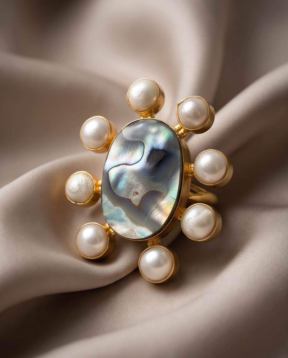 Bague nacre d’abalone et perles de culture - Beeld 1 - Uniek handgemaakt sieraad