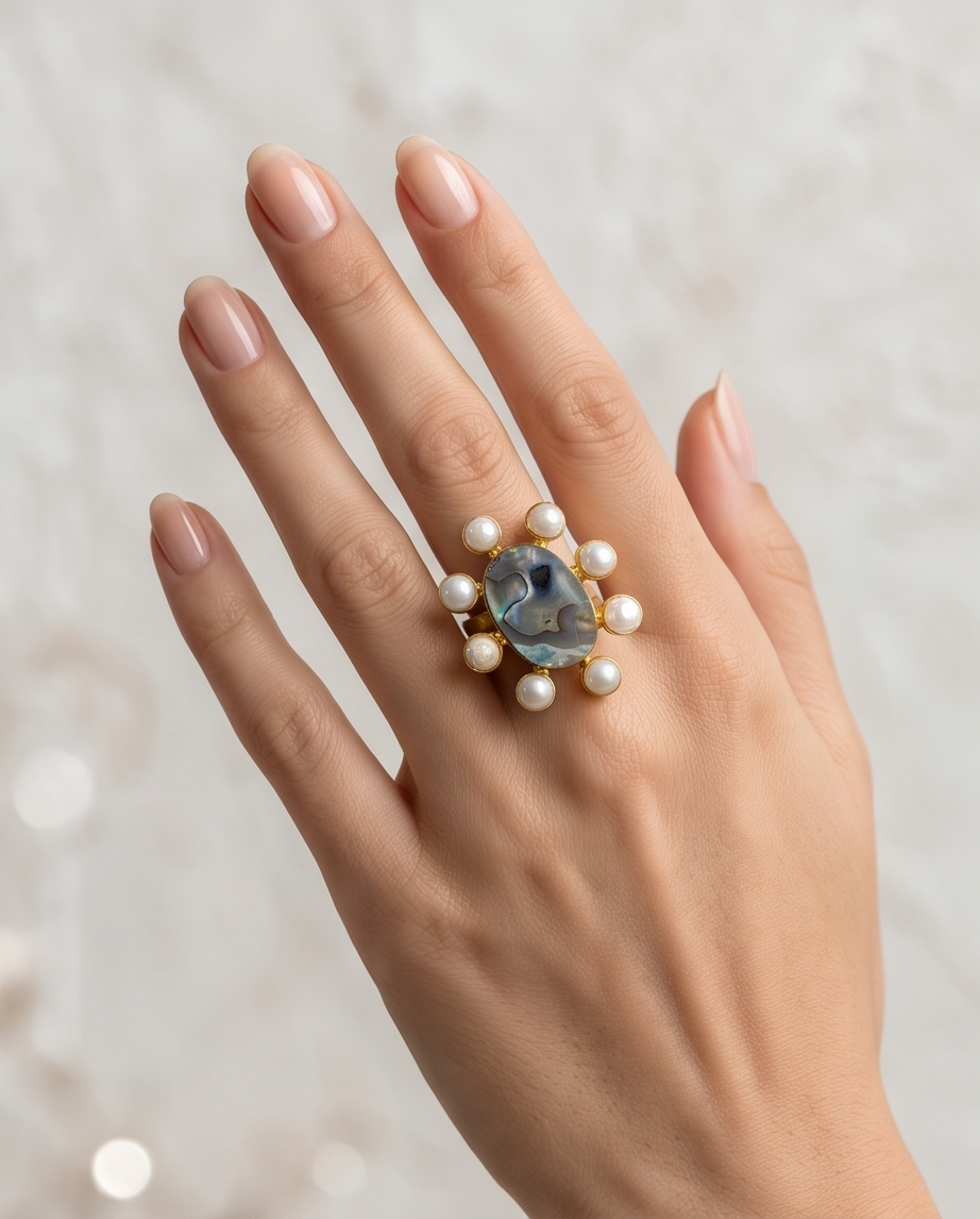 Bague nacre d’abalone et perles de culture - Beeld 2 - Uniek handgemaakt sieraad