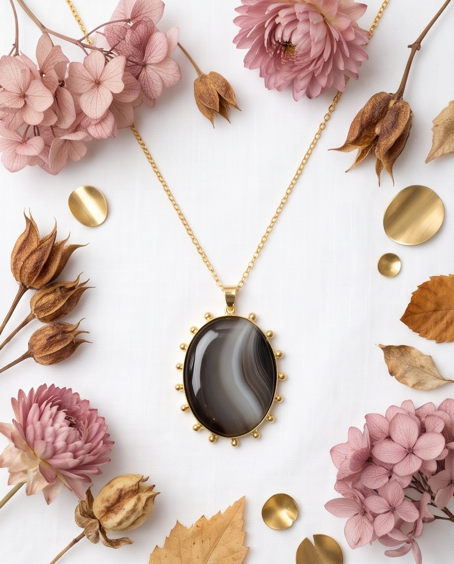 Pendentif en agate grise rubanée – Chaîne incluse - Beeld 4 - Uniek handgemaakt sieraad