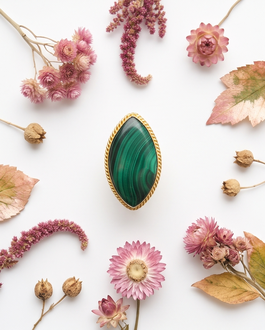 Bague malachite – Forme marquise - Beeld 1 - Uniek handgemaakt sieraad