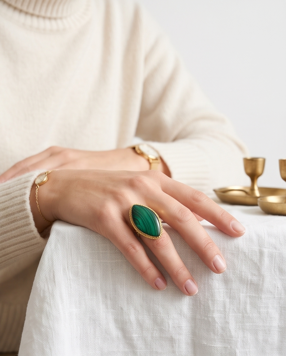 Bague malachite – Forme marquise - Beeld 2 - Uniek handgemaakt sieraad