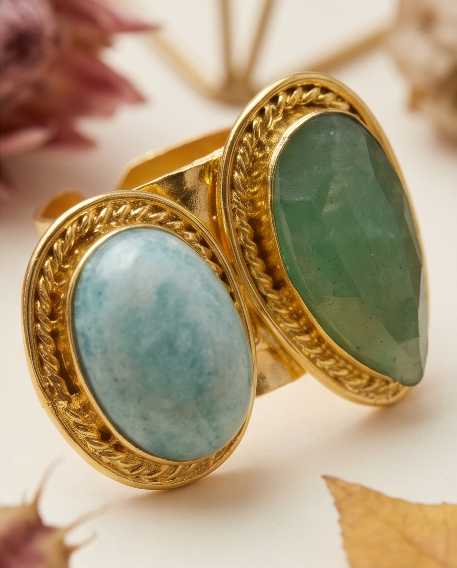 Bague double en larimar et aventurine verte. - Beeld 1 - Uniek handgemaakt sieraad