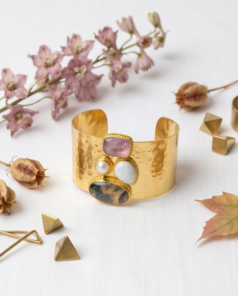 Bracelet manchette doré multipierres – Améthyste, pierre de lune et quartz - Beeld 4 - Uniek handgemaakt sieraad
