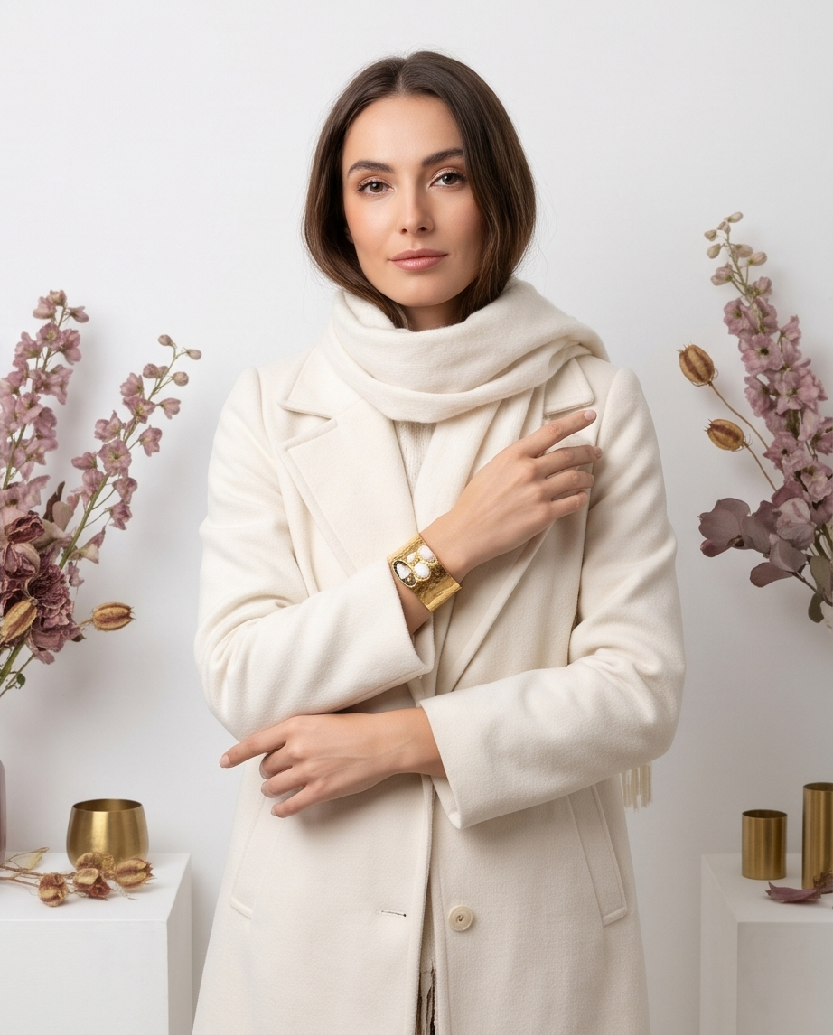 Bracelet manchette doré multipierres – Améthyste, pierre de lune et quartz - Beeld 3 - Uniek handgemaakt sieraad