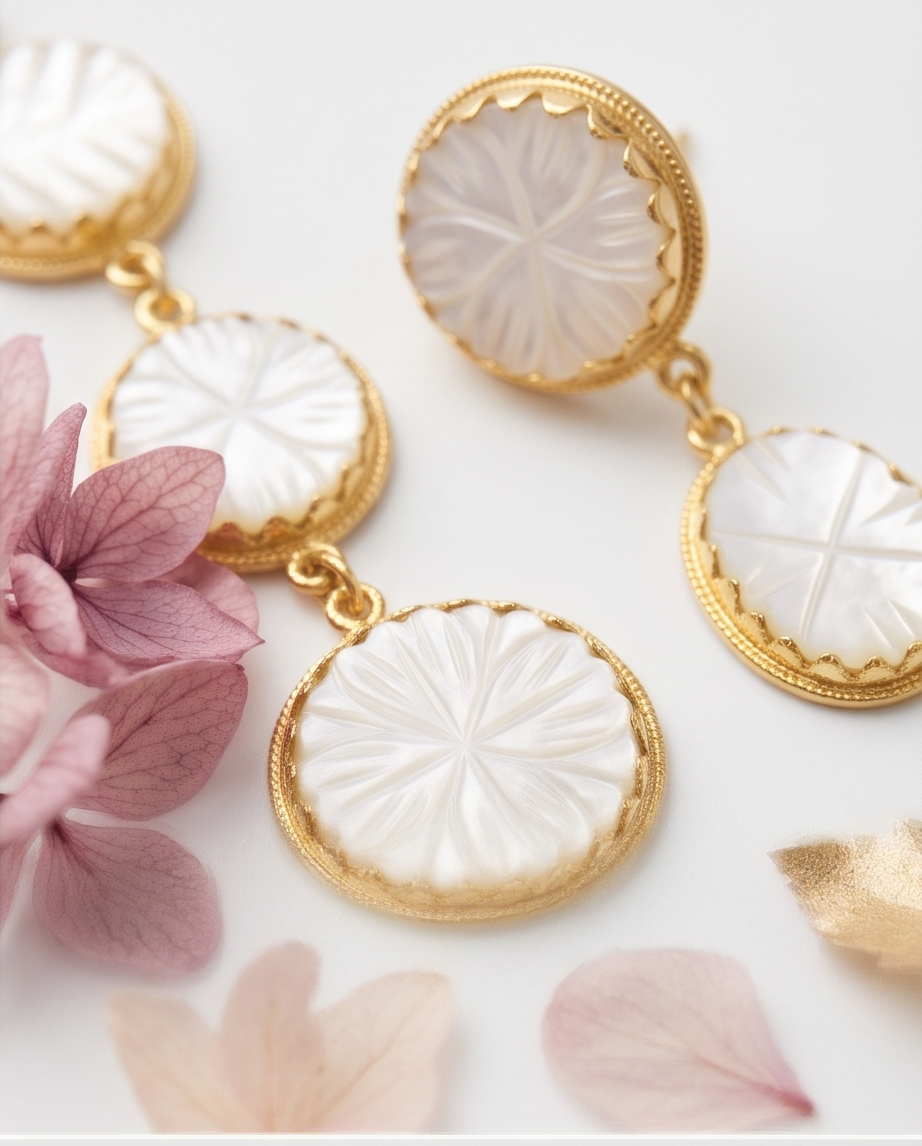 Parure collier et boucles d’oreilles en nacre sculptée – Motifs floraux - Beeld 2 - Uniek handgemaakt sieraad