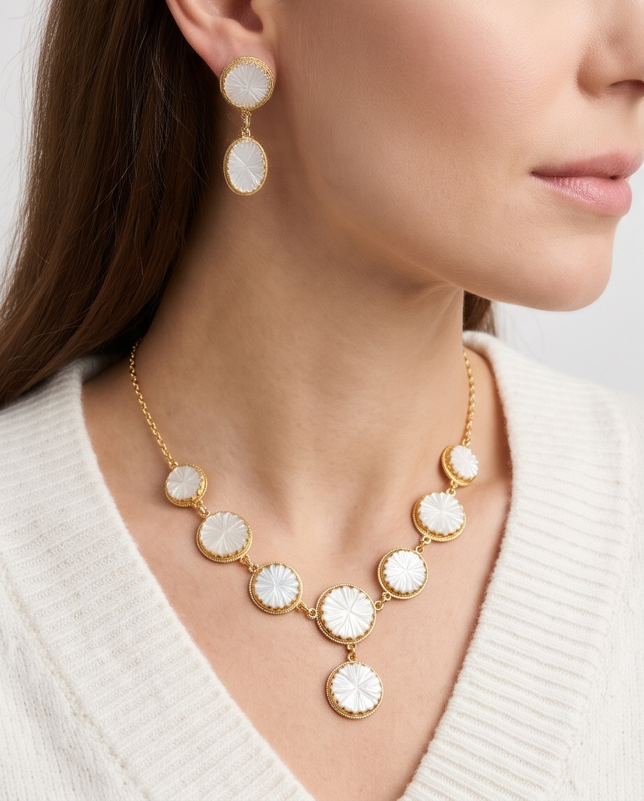 Parure collier et boucles d’oreilles en nacre sculptée – Motifs floraux - Beeld 1 - Uniek handgemaakt sieraad