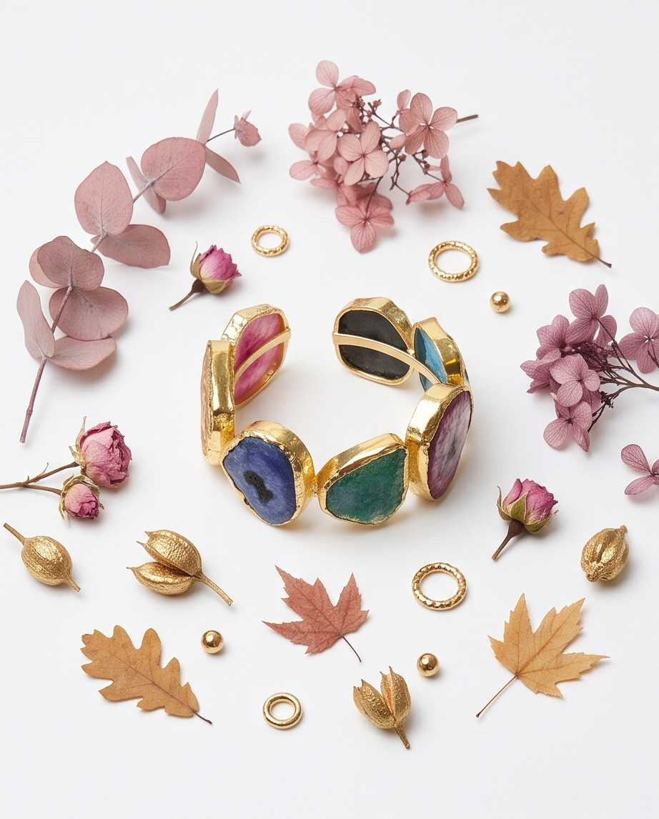 Bracelet manchette en agate druse – Belles tranches d’agate multicolores - Beeld 2 - Uniek handgemaakt sieraad