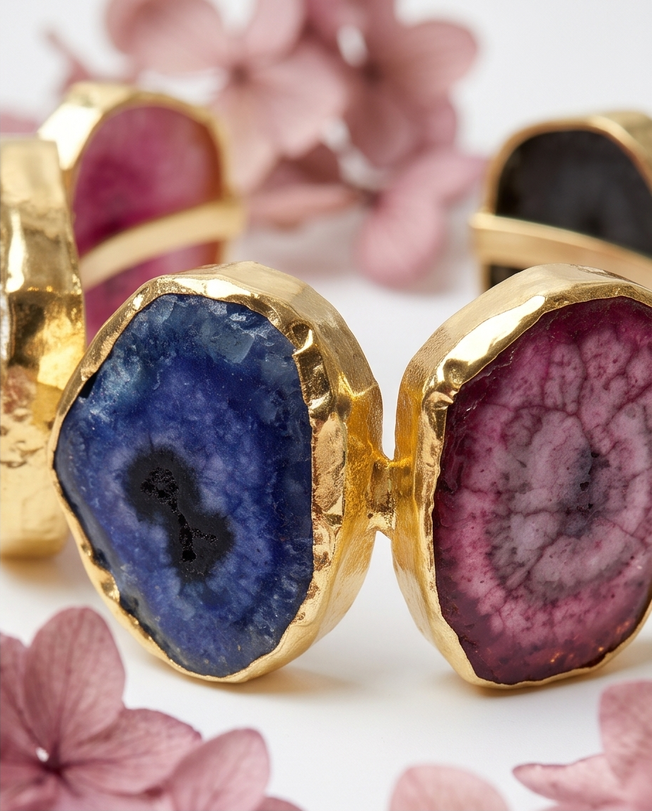 Bracelet manchette en agate druse – Belles tranches d’agate multicolores - Beeld 4 - Uniek handgemaakt sieraad