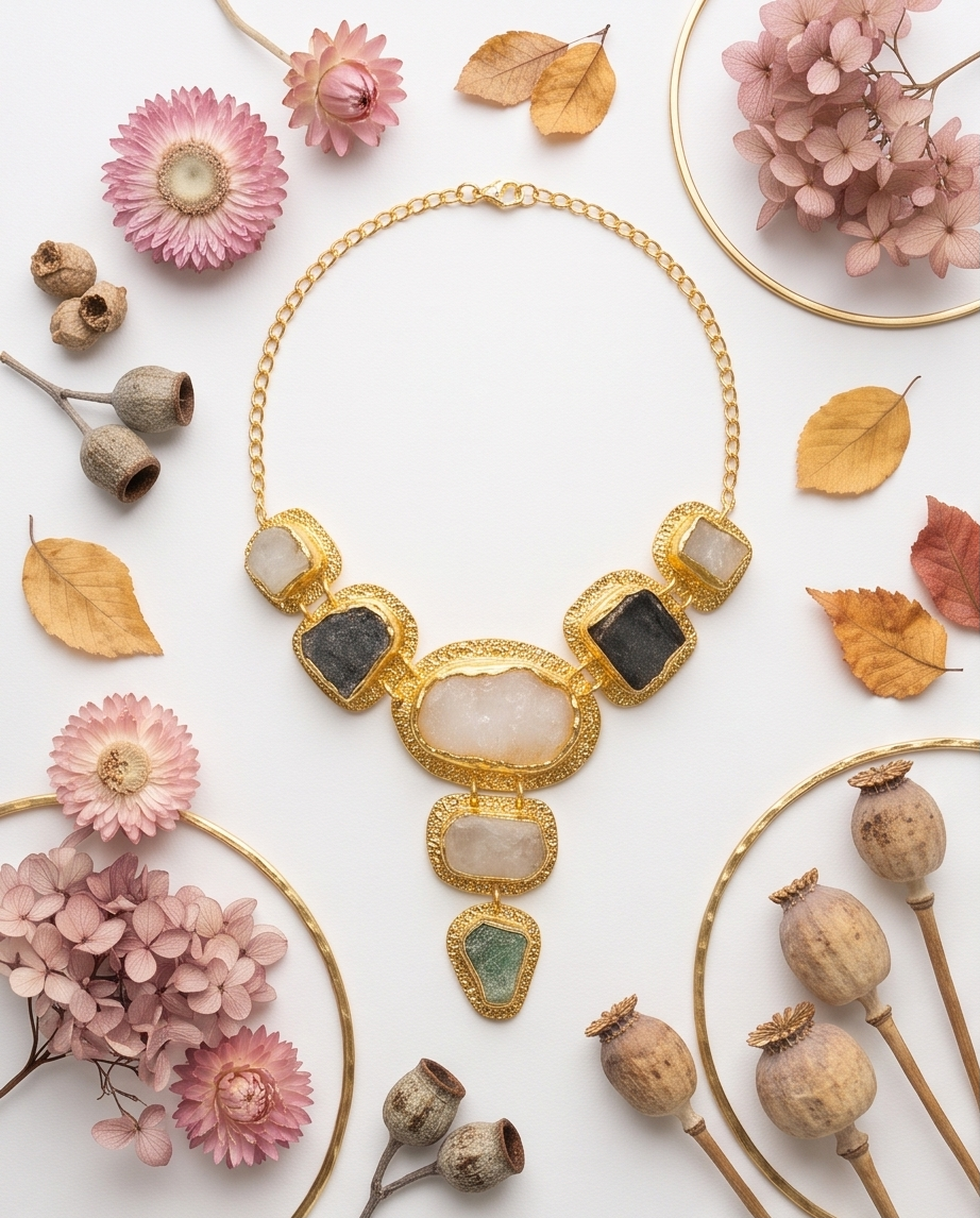 Collier plastron doré multipierres naturelles – Pendentif en Y - Beeld 3 - Uniek handgemaakt sieraad