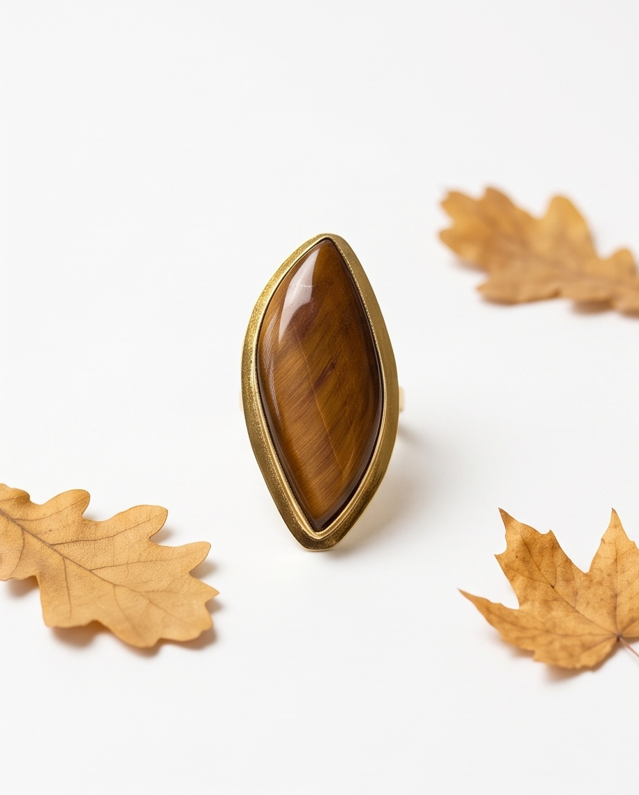 Bague dorée en œil de tigre. - Vue 5 - Pièce unique faite main