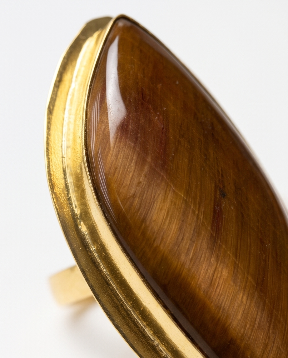 Bague dorée en œil de tigre. - Vue 4 - Pièce unique faite main