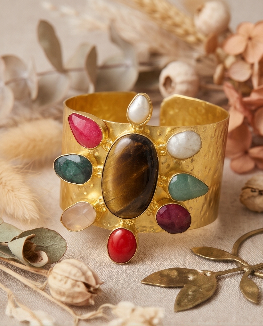 Bracelet manchette œil de tigre et multipierres - Vue 4 - Pièce unique faite main