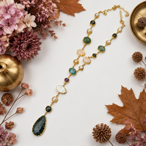 Collier sautoir Lariat en Y ciselé – Multipierres et nacre - Beeld 4 - Uniek handgemaakt sieraad