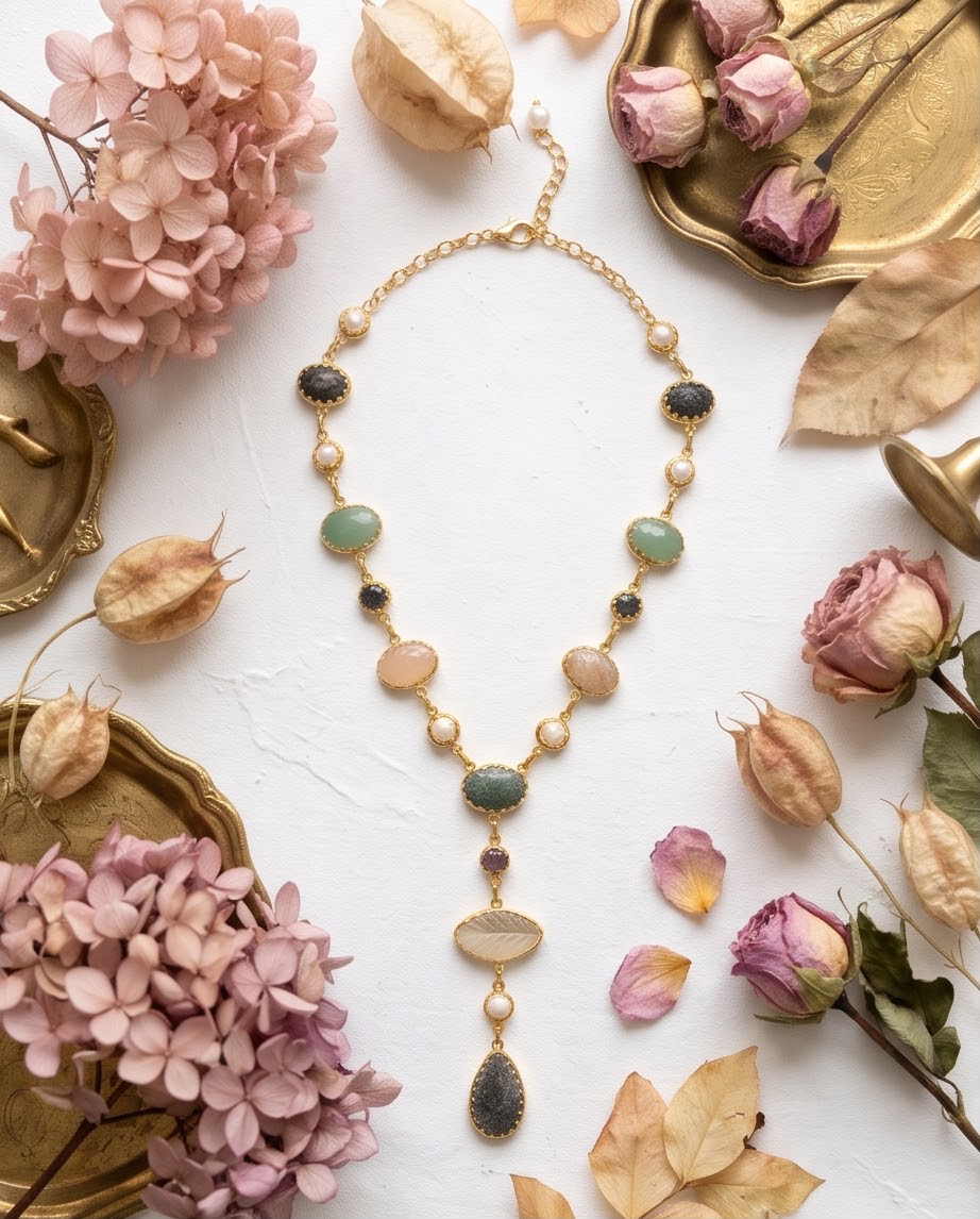 Collier sautoir Lariat en Y ciselé – Multipierres et nacre - Beeld 3 - Uniek handgemaakt sieraad