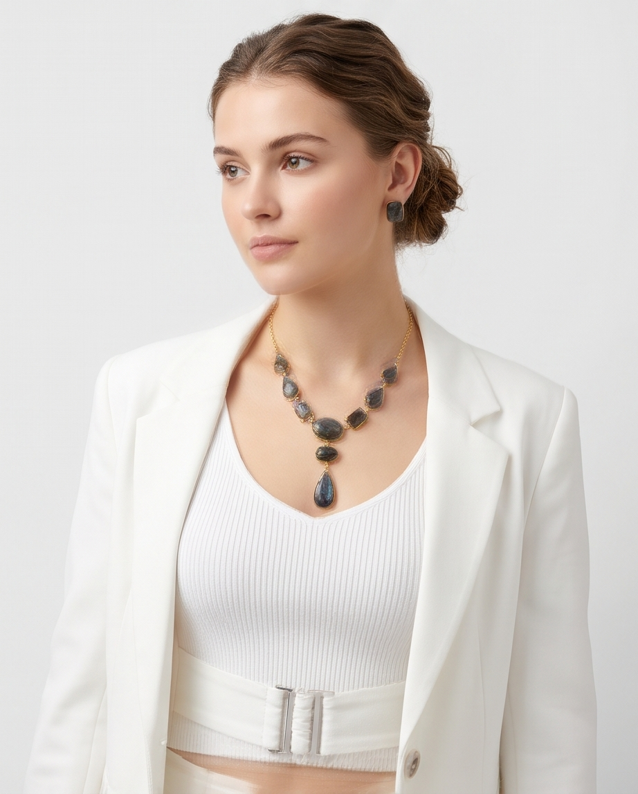 Collier cabochons de labradorite & boucles d’oreilles clous assorties