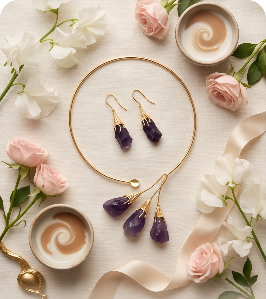 Torque Gouttes d’améthystes brutes & boucles d’oreilles assorties