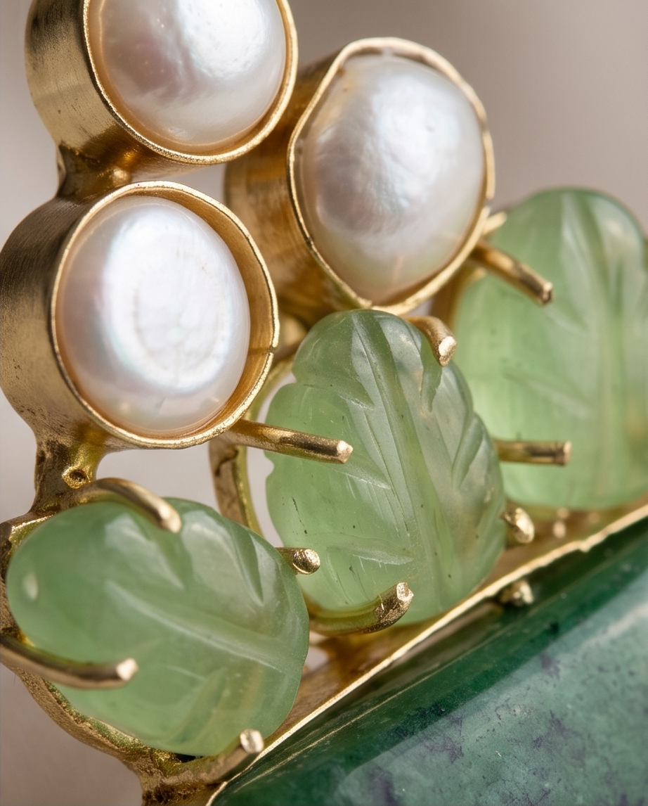 Bague racine d’émeraude, néphrite sculptée & perles de culture - Vue 5 - Pièce unique faite main