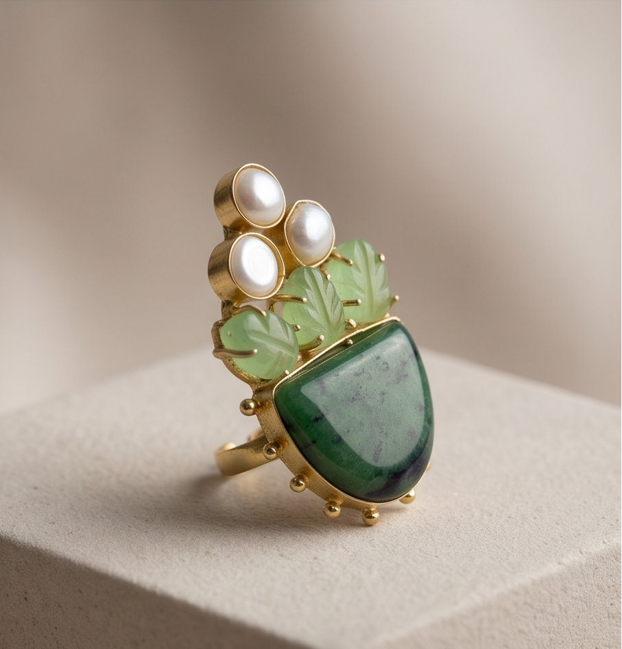 Bague racine d’émeraude, néphrite sculptée & perles de culture - Vue 4 - Pièce unique faite main