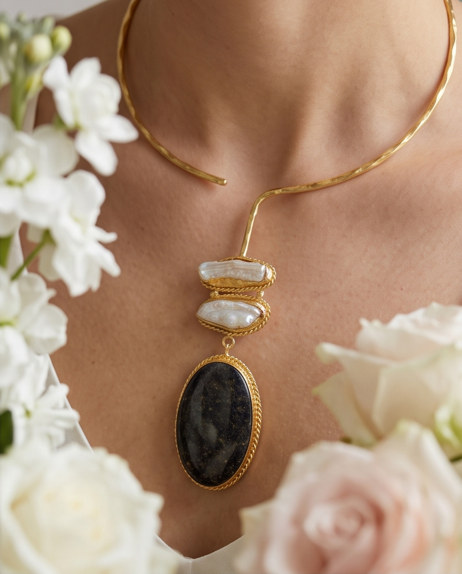 Torque Comète lapis-lazuli & perles de Biwa