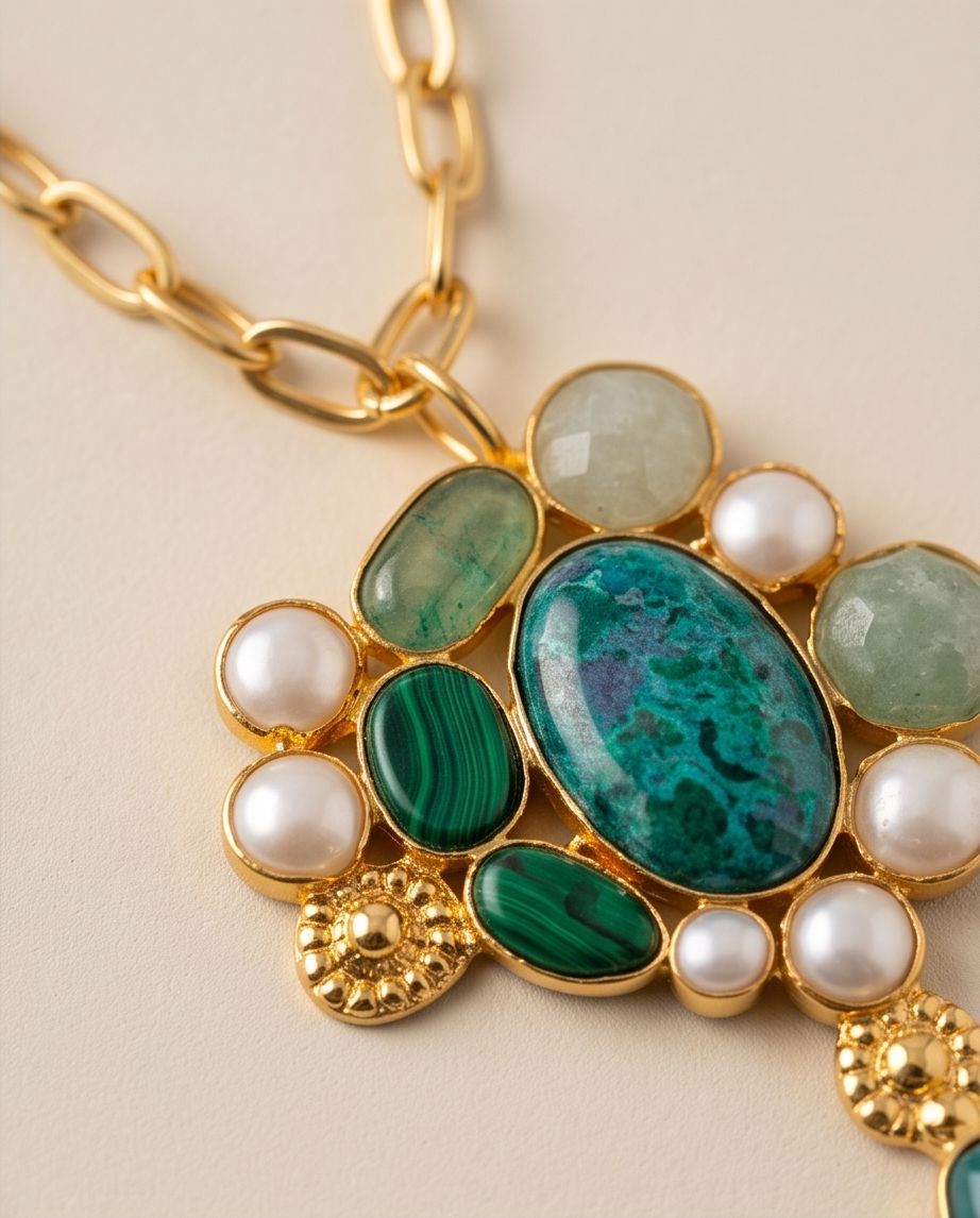 Pendentif apatite, amazonite & perles de culture et sa chaine.