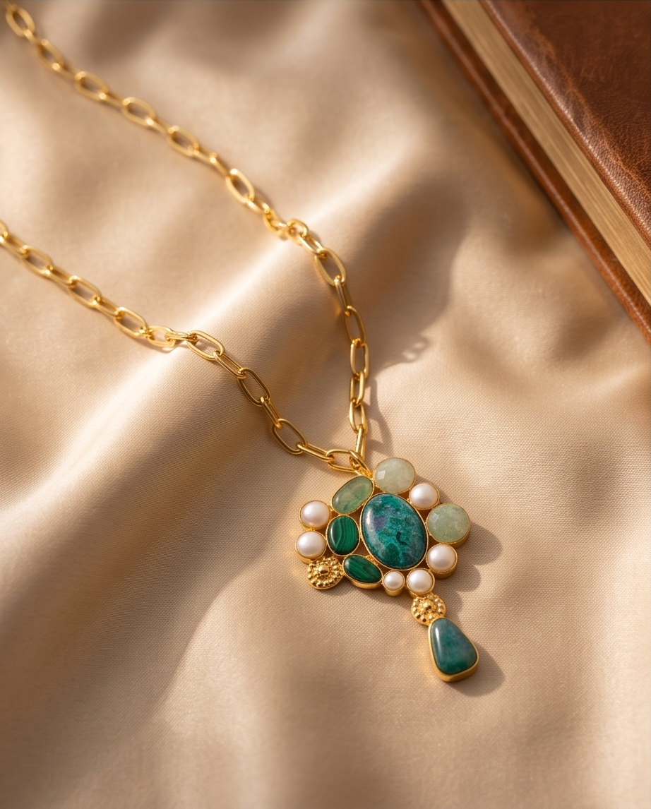 Pendentif apatite, amazonite & perles de culture et sa chaine. - Vue 3 - Pièce unique faite main
