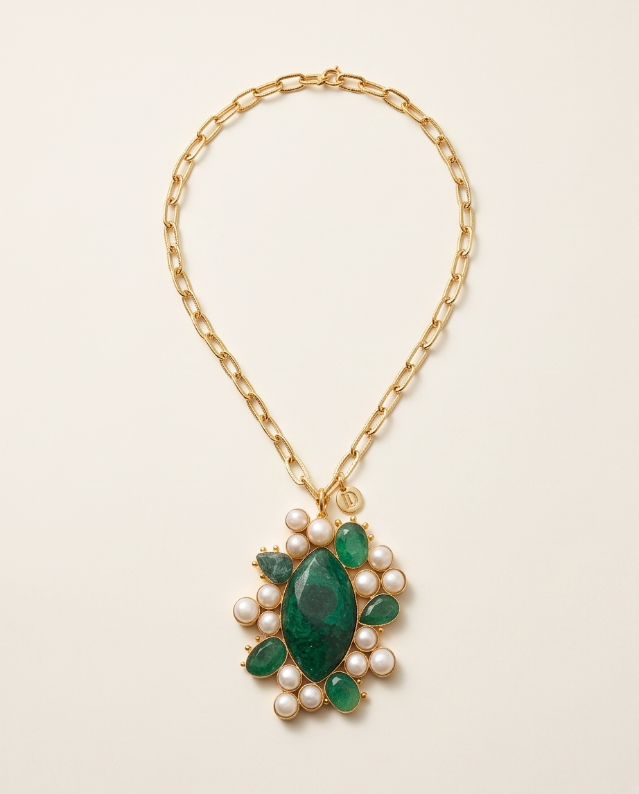 Pendentif malachite, racine d’émeraude & perles de culture et sa chaine. - Vue 3 - Pièce unique faite main