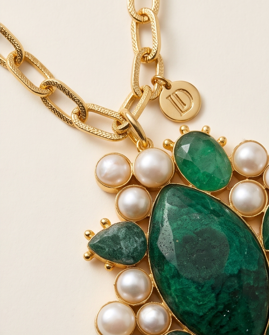 Pendentif malachite, racine d’émeraude & perles de culture et sa chaine.