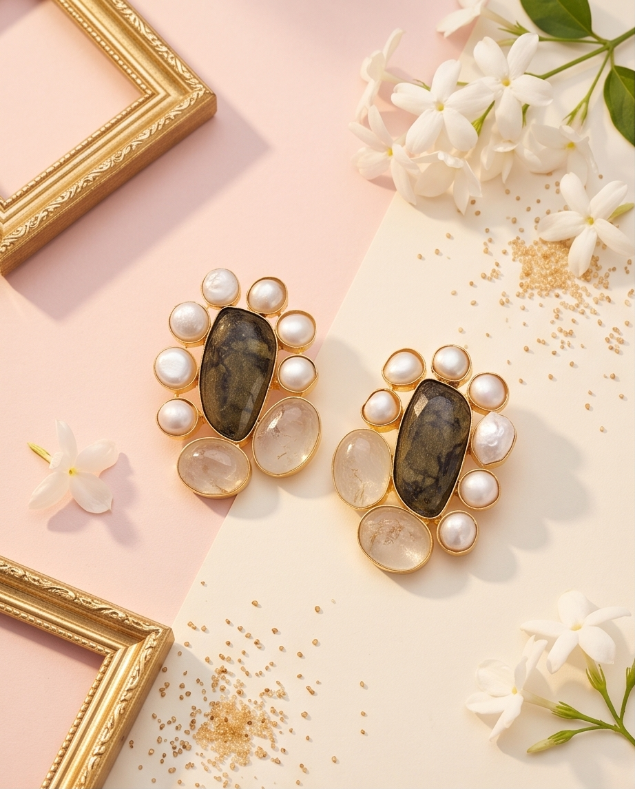 Boucles d’oreilles clous labradorite,rutile dorée & perles de culture.