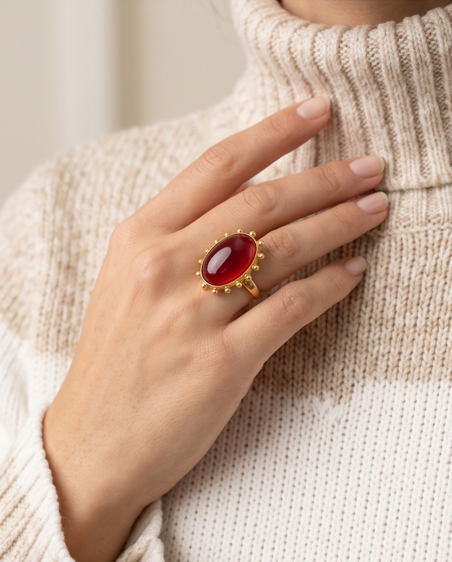 Bague cornaline ovale à picots dorés - Beeld 3 - Uniek handgemaakt sieraad