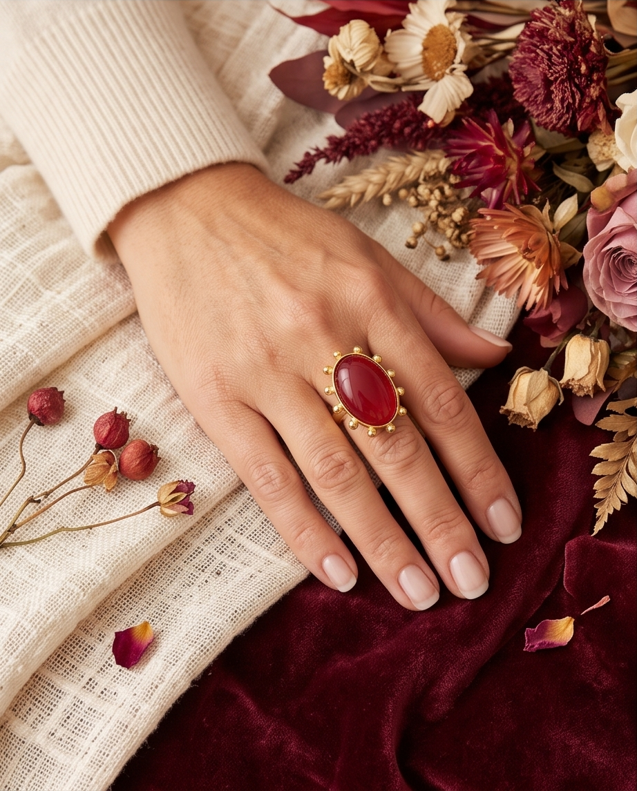 Bague cornaline ovale à picots dorés - Beeld 2 - Uniek handgemaakt sieraad