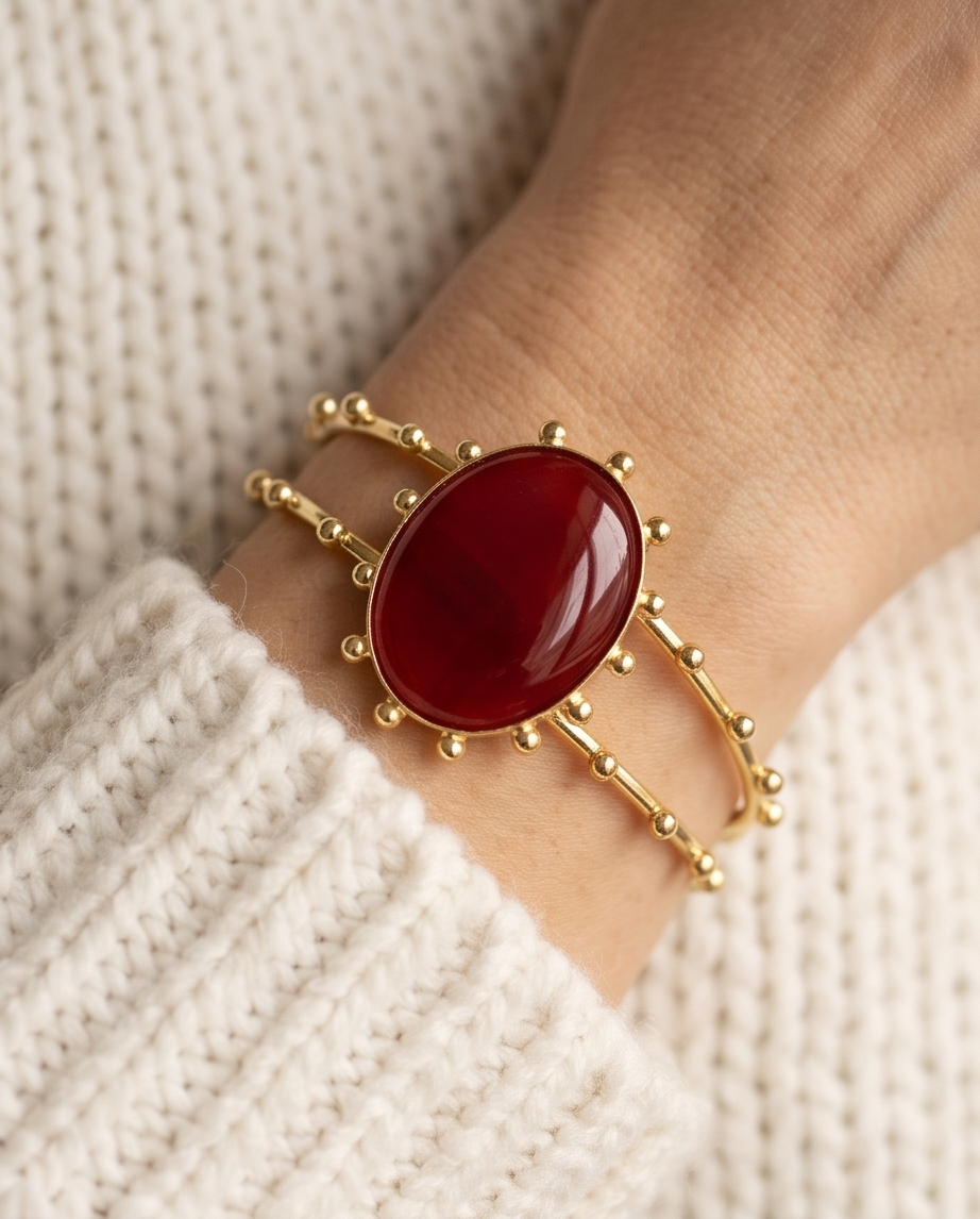 Bracelet manchette cornaline ovale à picots dorés. - Beeld 2 - Uniek handgemaakt sieraad