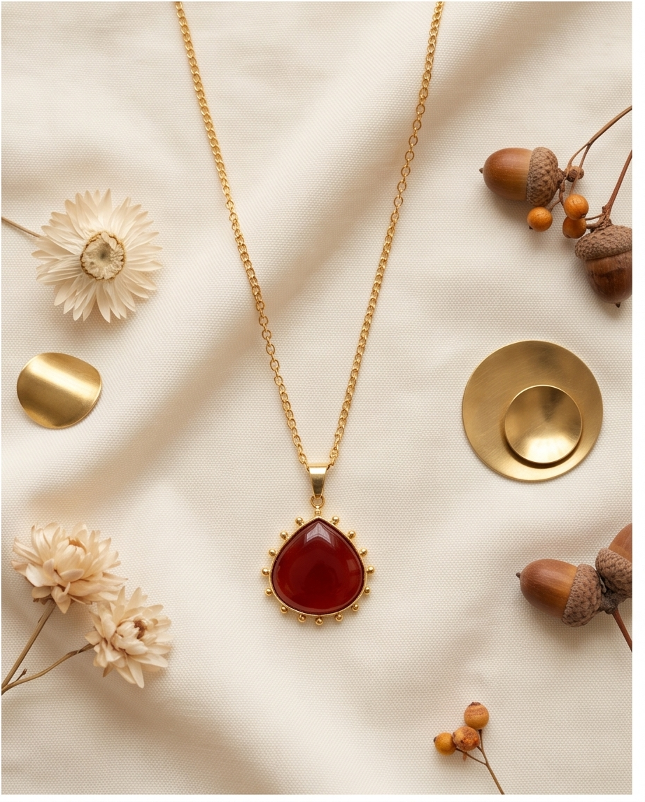 Pendentif cornaline à picots dorés et sa chaine. - Beeld 1 - Uniek handgemaakt sieraad