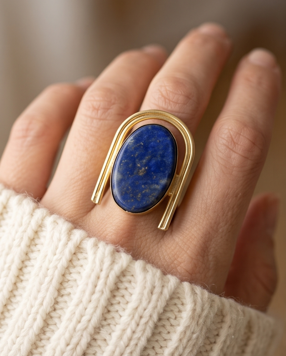 Bague lapis-lazuli ovale arche dorée - View 1 - Unique handmade piece