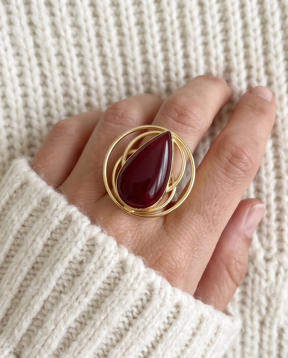 Bague cornaline goutte cercles dorés - View 3 - Unique handmade piece