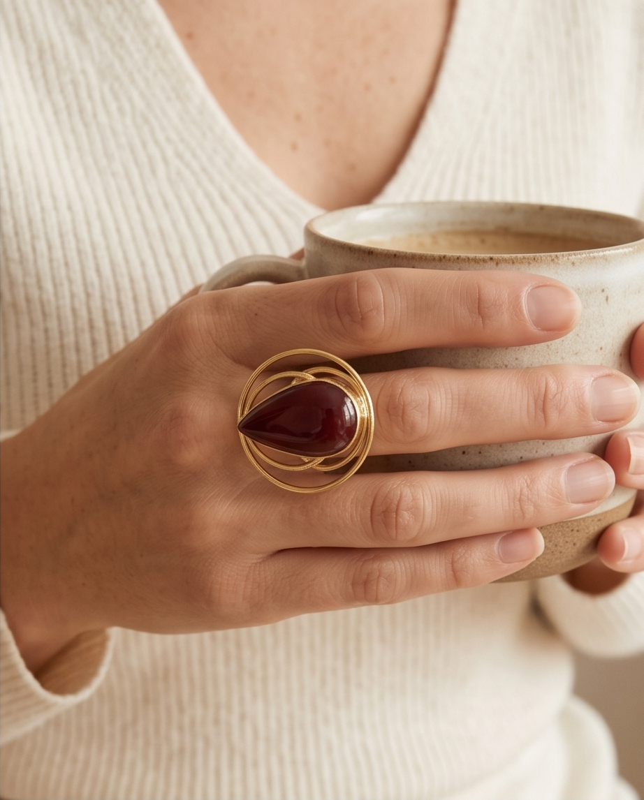 Bague cornaline goutte cercles dorés
