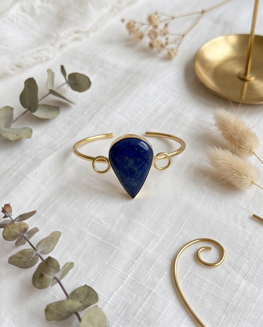 Bracelet jonc lapis-lazuli goutte et cercles dorés - Beeld 1 - Uniek handgemaakt sieraad