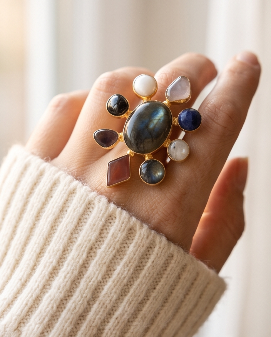 Bague labradorite multipierres naturelles – Fleur Sauvage - View 2 - Unique handmade piece