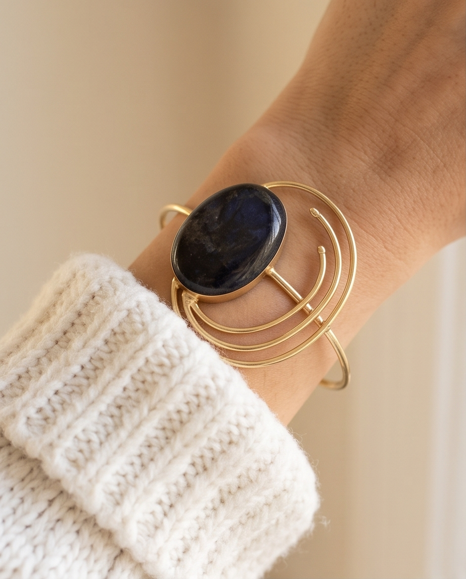 Bracelet manchette labradorite ovale à cercles dorés - Beeld 4 - Uniek handgemaakt sieraad