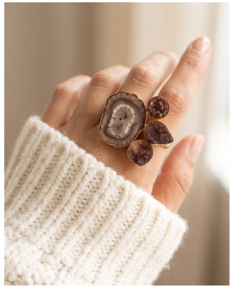 Bague agate druse multiples cabochons marrons