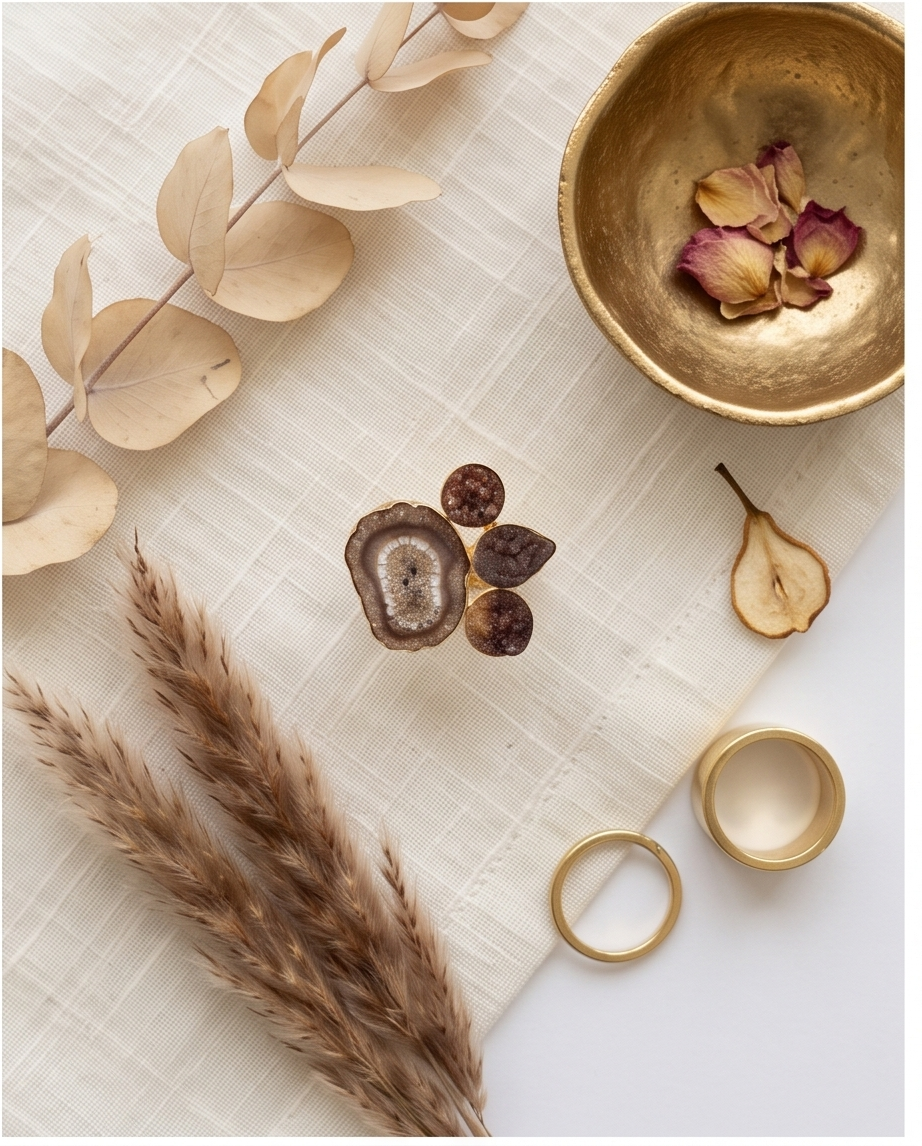 Bague agate druse multiples cabochons marrons