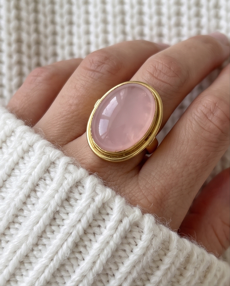 Bague quartz rose ovale à double contour doré. - Beeld 2 - Uniek handgemaakt sieraad