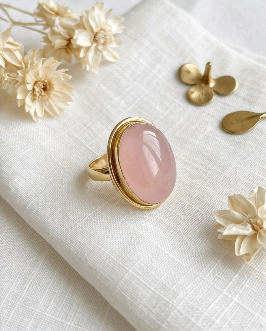 Bague quartz rose ovale à double contour doré. - Beeld 1 - Uniek handgemaakt sieraad
