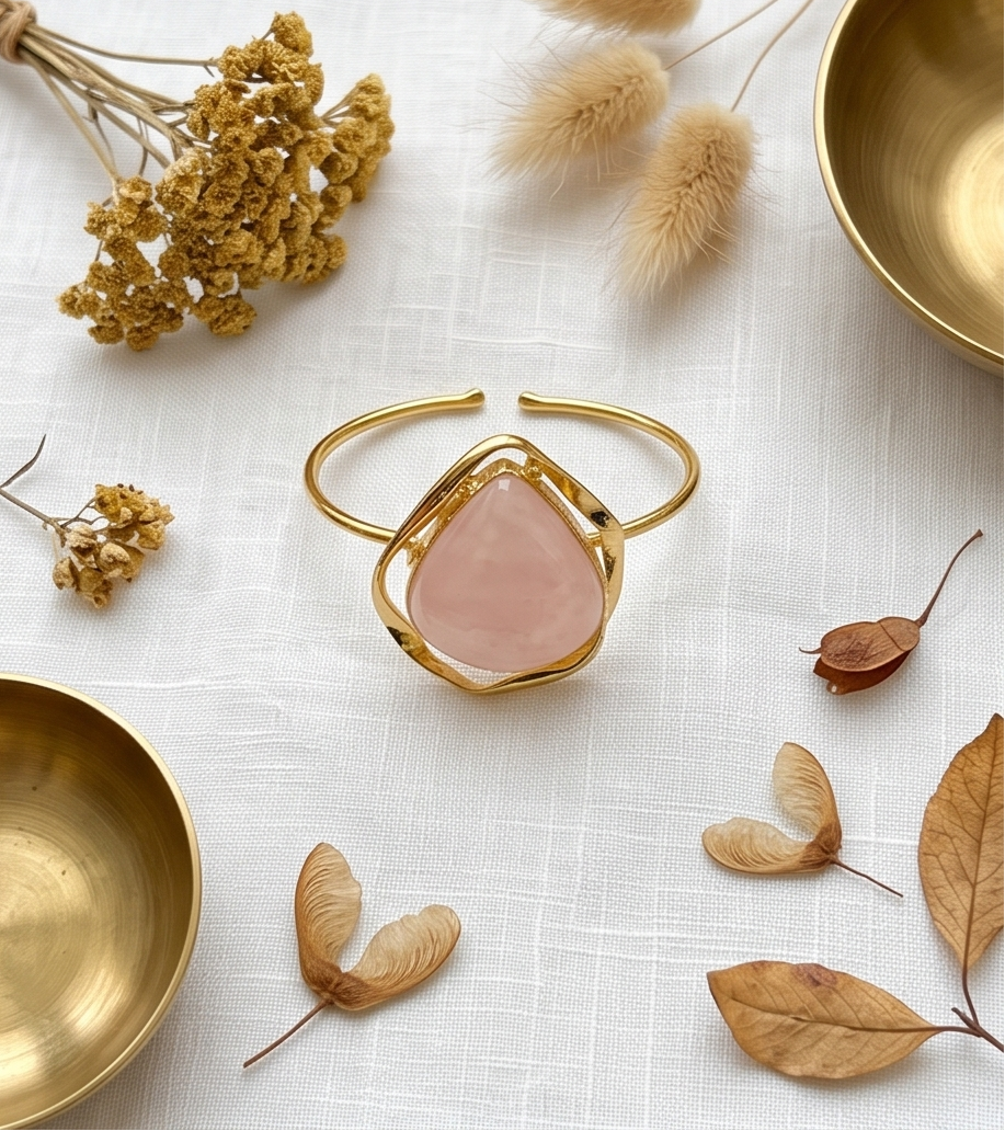 Bracelet jonc quartz rose goutte à monture graphique. - Beeld 2 - Uniek handgemaakt sieraad