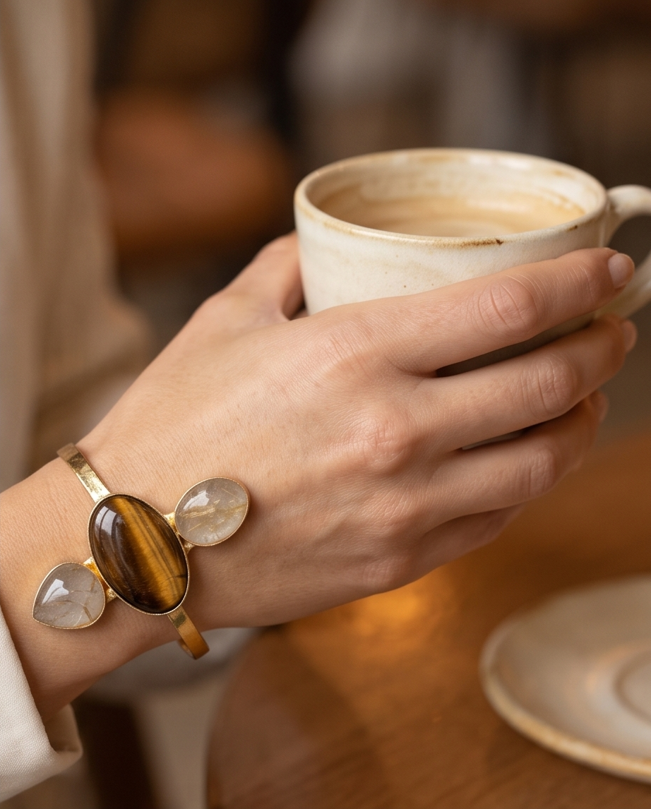 Bracelet œil de tigre, quartz rutile et nacre - Beeld 2 - Uniek handgemaakt sieraad