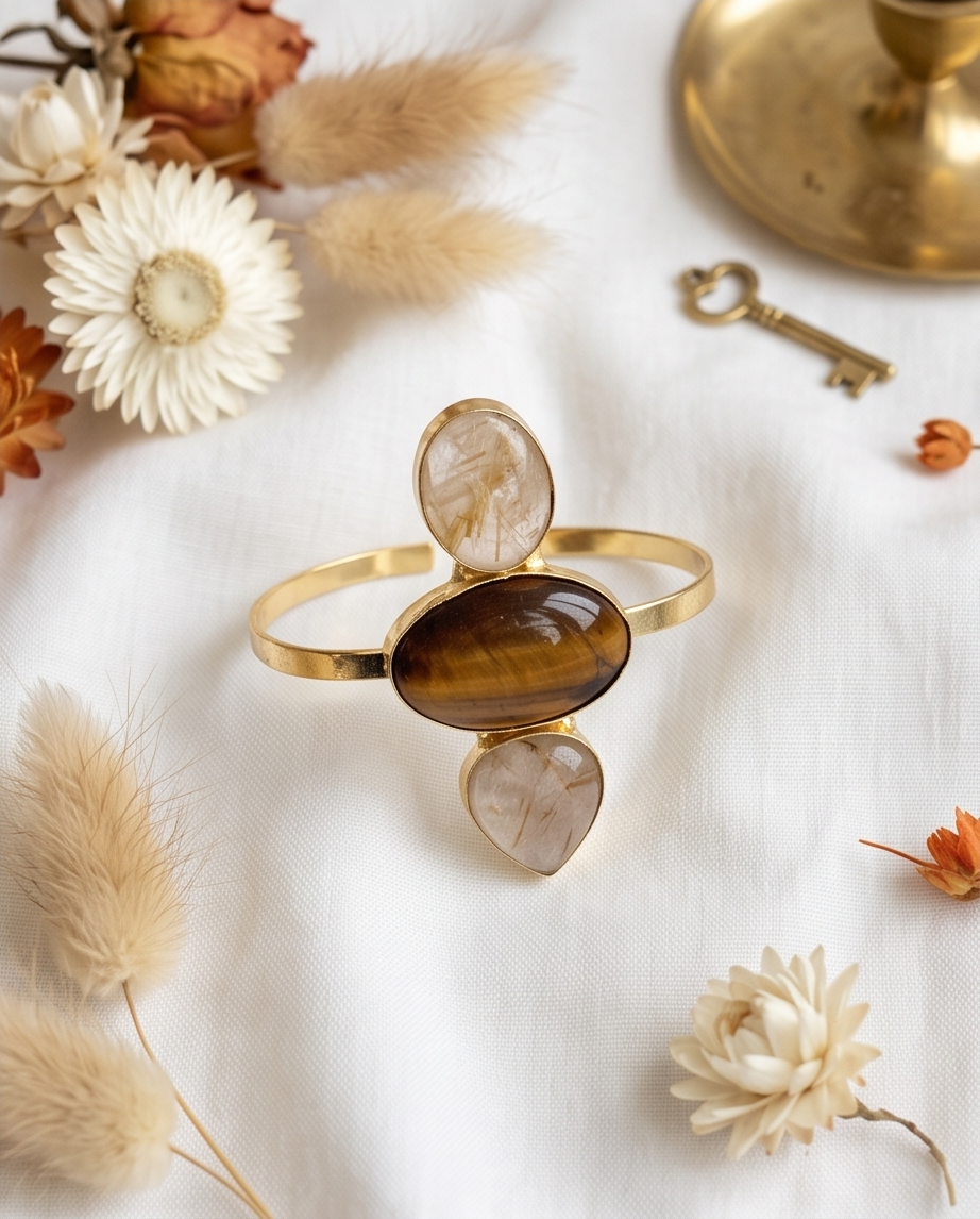 Bracelet œil de tigre, quartz rutile et nacre - Beeld 4 - Uniek handgemaakt sieraad