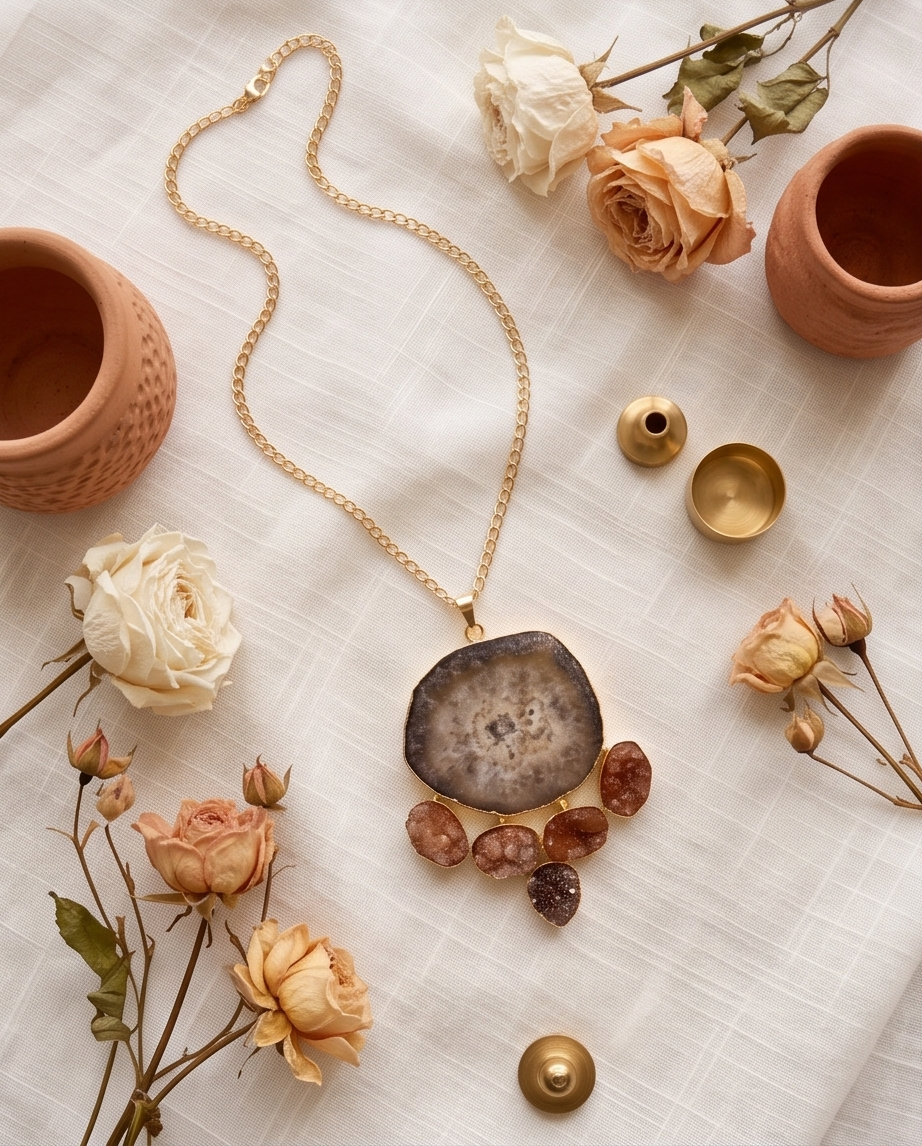 Pendentif agate druse marron multipierres - Beeld 1 - Uniek handgemaakt sieraad